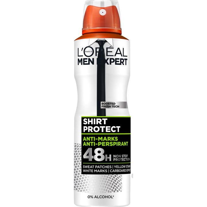 Antiperspirant spray fara alcool L'Oreal Paris Men Expert Shirt Protect pentru barbati, protejeaza impotriva petelor de transpiratie, petelor galbene si urmelor albe pe haine, protectie 48 de ore, 150 ml