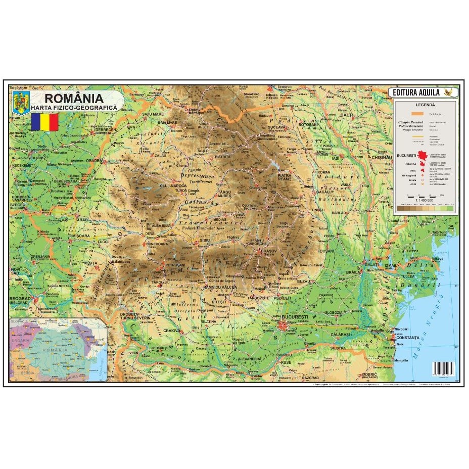harta fizică a româniei Harta Romaniei, 120x160 cm Fizica/Administrativa, Plastifiata 