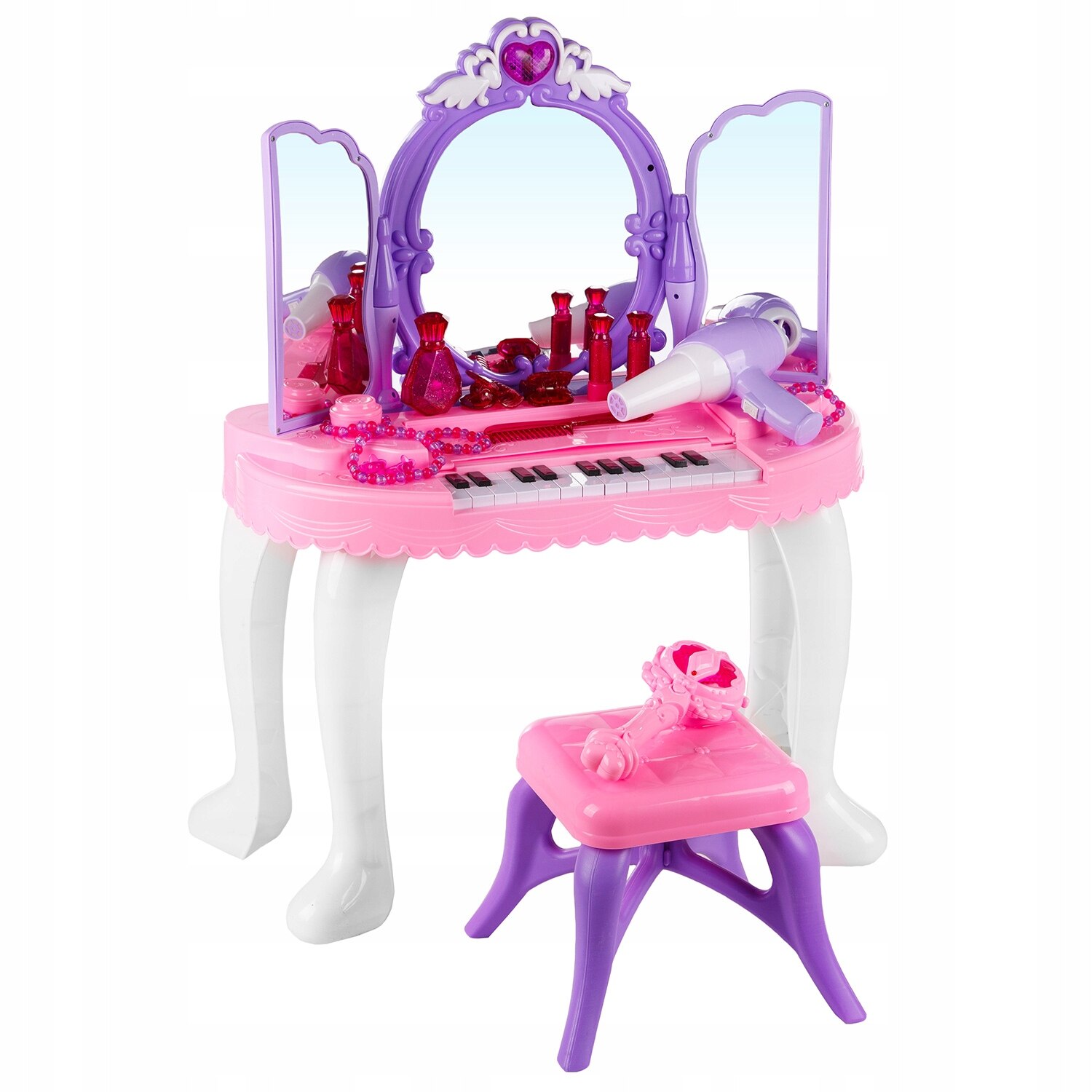 Masuta de Make-Up cu Pian, Melodii Mp3, Calitate Premium, Lumini si Sunete, Scaunel si Uscator de Par incluse, Multiple Accesorii 50 x 24 x 68cm, Roz