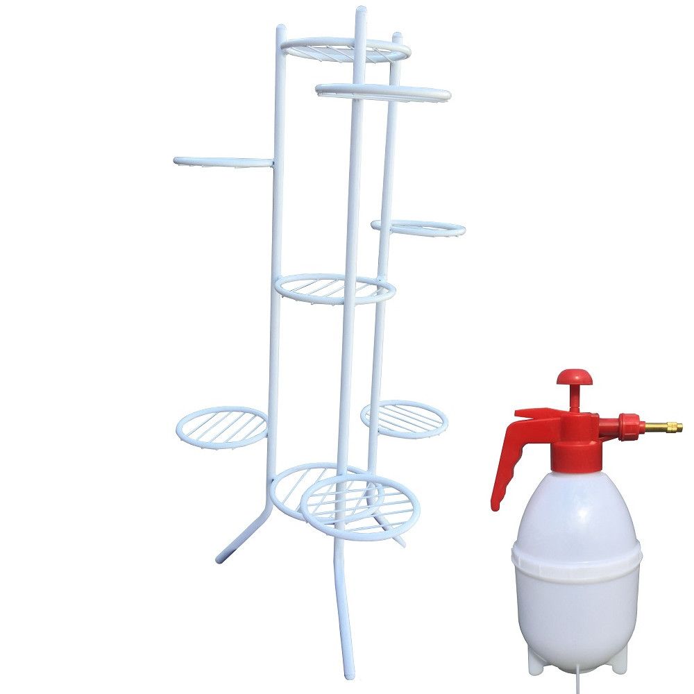 Suport alb metalic RAKI pentru 9 ghivece flori cu pompa de stropit H 100cm