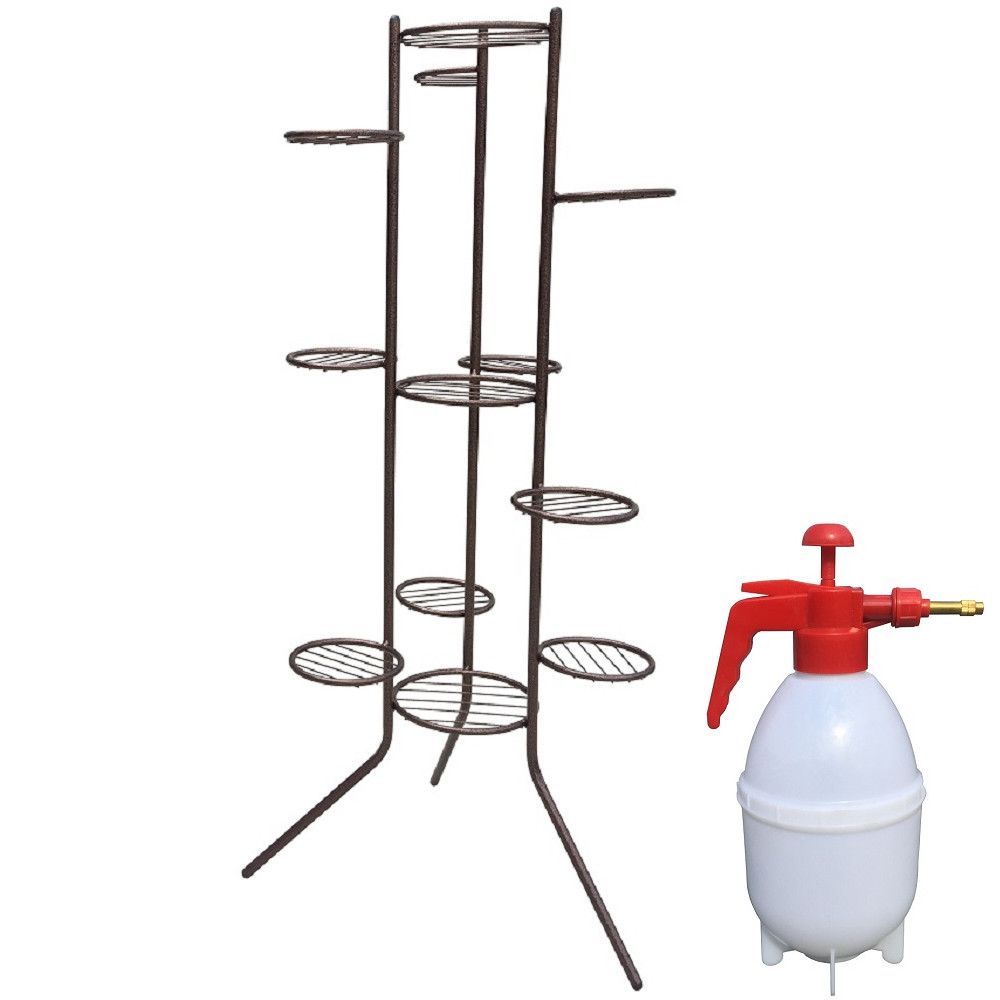 Suport RAKI metalic pentru 12 ghivece flori -Metalic Maro cu vermorel-pulverizator H-135cm