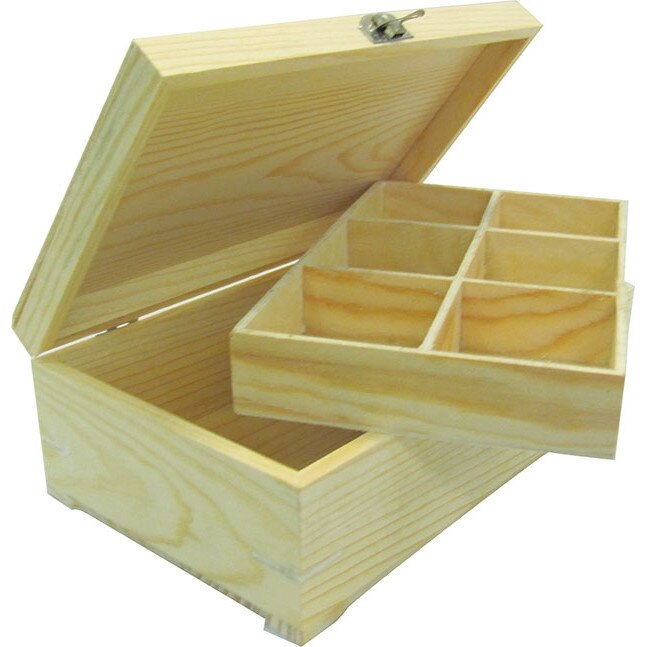 Cutie de lemn cu 6 compertimente pentru plicuri de ceai - interior detasabil, 24 x 15 x 8.5 cm