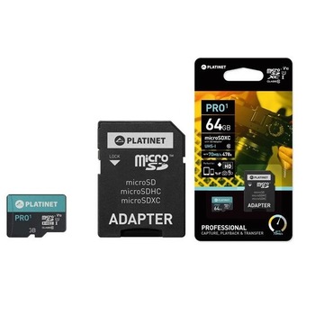 Card memorie Platinet MicroSDXC + adaptor SD 64GB, class10 UI 70MB/s Card memorie Platinet MicroSDXC + adaptor SD 64GB, class10 UI 70MB/s