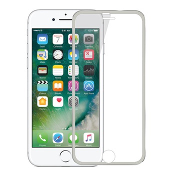 Folie sticla iPhone 8 Plus / iPhone 7 Plus, Fata plus Spate, 3D cu rama metalica, protectie completa ecran si margini curbate, Silver