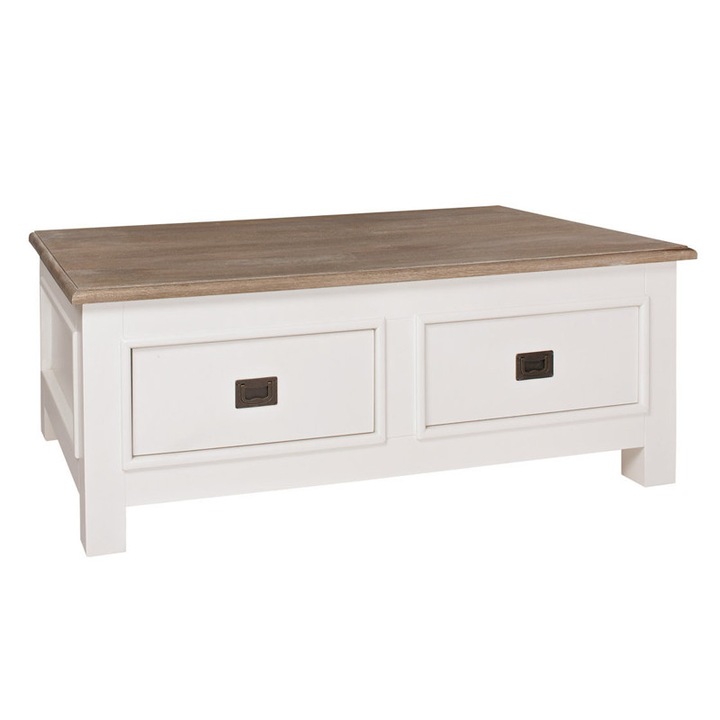 Masa joasa living, dim. 120 x 70 x 45H, cu 4 sertare, culoare ALB - cod RAL 9010, blat stejar masiv, cod MC 143