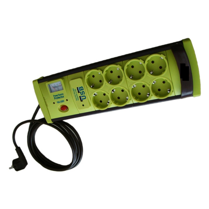 Prelungitor cu Protectie la Supratensiune cu USB, 8 Prize 2m, Cablu 3X1 mm