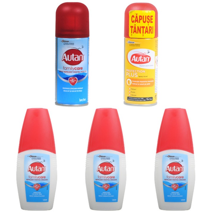 Pachet - 3 x Autan Familycare, Lotiune impotriva tantarilor, Aloe Vera, 100  ml + Autan Familycare, Spray uscat impotriva tantarilor, Cu aloe vera, 100  ml + Autan Protecion plus, Spray uscat impotriva insectelor, 100 ml -  eMAG.ro