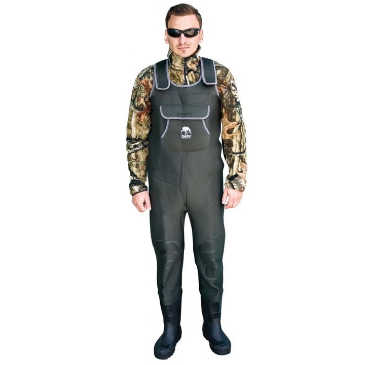 Cizme piept/vader/wader neopren si fleece 4 mm Behr Comfort, geanta transport, gri, 44 EU