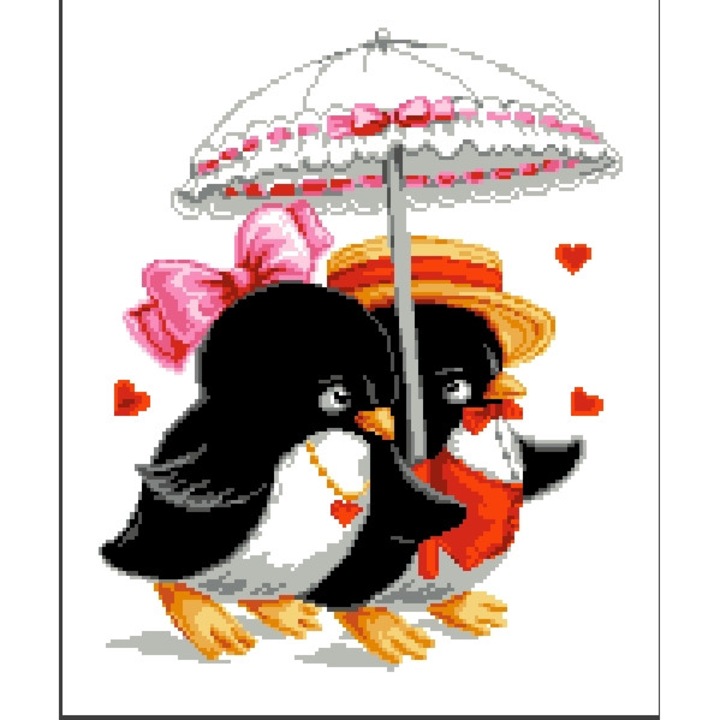 Goblen Pinguini sub umbrela, Rogoblen - kit cu panza imprimata si fire mouline, 15x18 cm