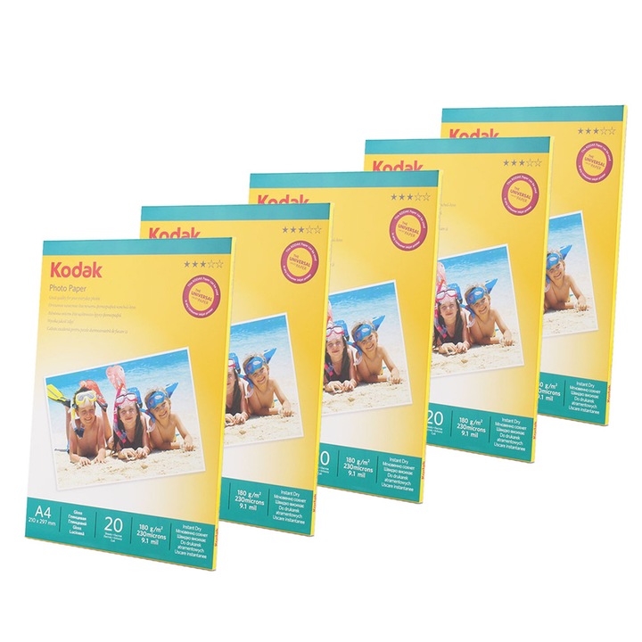 Пакет 5 високо гланцова фотохартия Kodak A4, 180 g, 100 листа