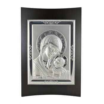 Icoana placata cu argint in lemn finisat culoare neagra - Maria cu pruncul - Ortodox, Drept, 17*12 cm, 1/3 Icoana placata cu argint in lemn finisat culoare neagra - Maria cu pruncul - Ortodox, Drept, 17*12 cm, 1/3