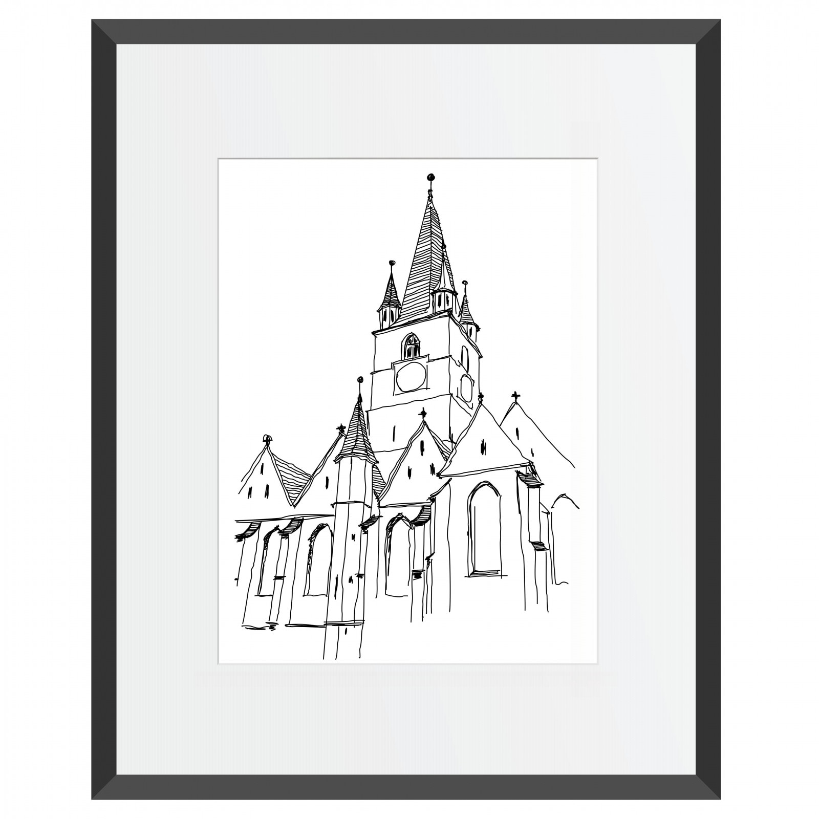 Tablou ilustratie autentica cerneala pe hartie, Biserica Evanghelica, Sibiu, suvenir