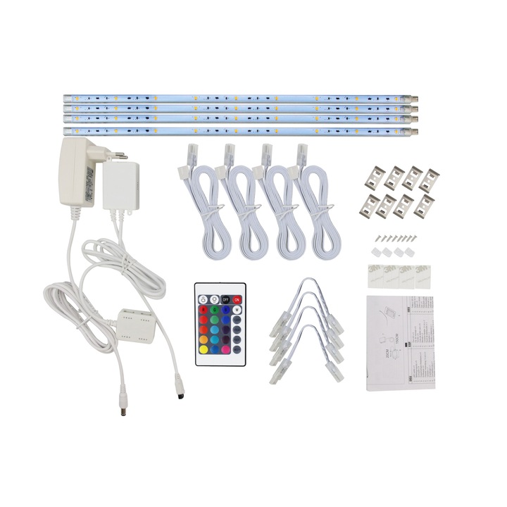 Baghete LED QL RGB 40cm 3W, 4 bucati, telecomanda, transformator si accesorii incluse
