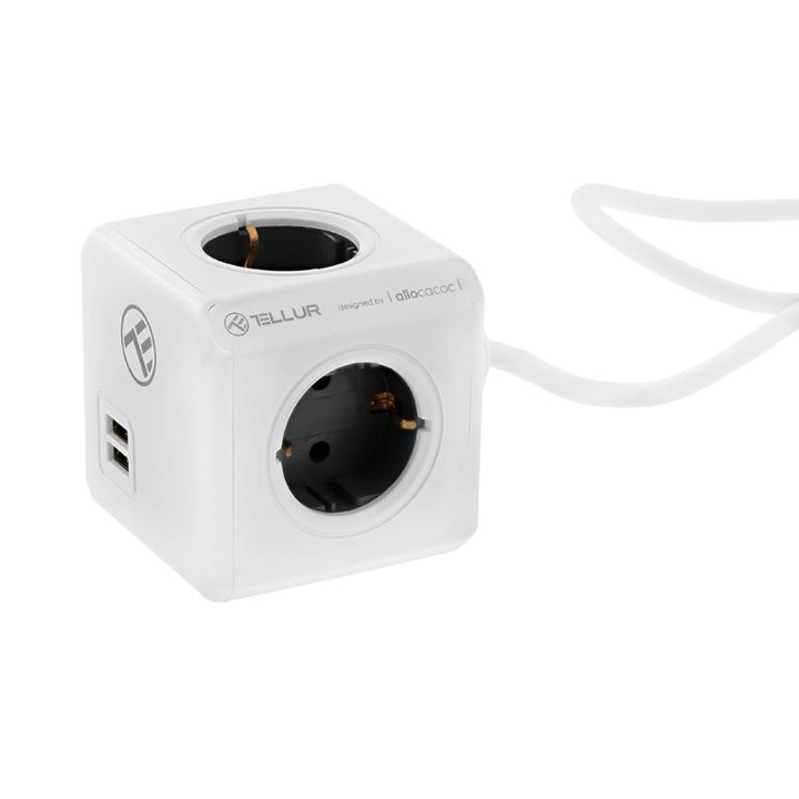 Tellur PowerCube designed by Allocacoc hosszabbító, 4 aljzat + 2 x USB, 1.5 m-es kábel, fehér
