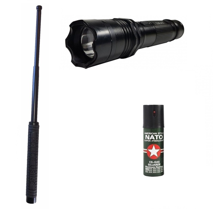 KIT BTG-173 autoaparare (2in1 Electrosoc+Lanterna ) Baston telescopic Police 50 cm + Spray Nato Paralizant