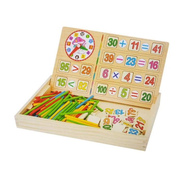 Joc matematic Montessori, tabla desen + cifre 1-100 + semne + betisoare numarat