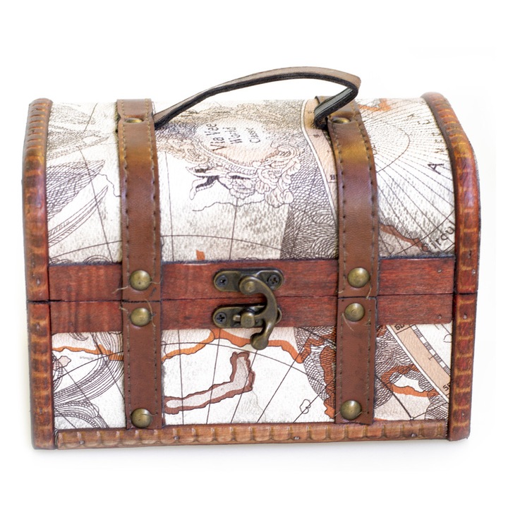 Cufar din lemn si piele, stil retro cu imagini ale globului pamantesc, L 22 x l 15 x h 17 cm