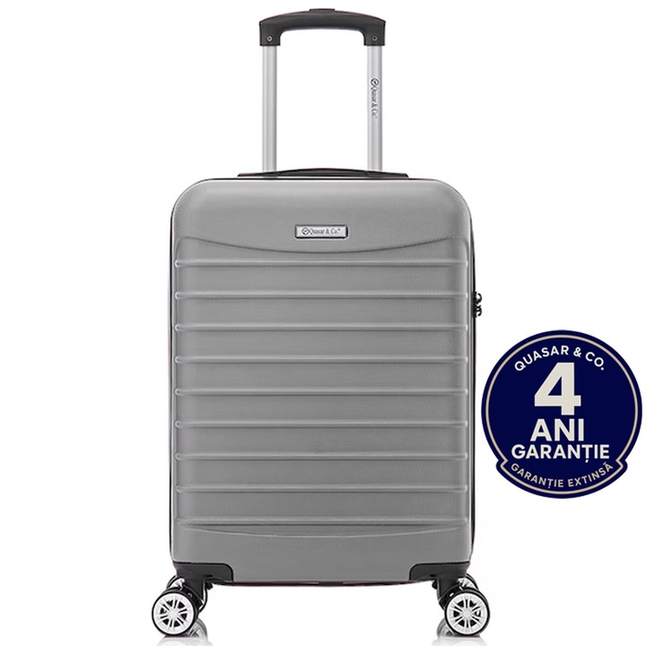Troler cabina avion Quasar & Co.®, 55x36x20cm, bagaj de mana, troller cu fermoar antifurt, cifru, maner telescopic lung, geamantan cu 4 roti duble silentioase 360°, valiza ABS 2.8 mm, rezistent, 2 compartimente cu buzunar, 10kg, LINE, argintiu
