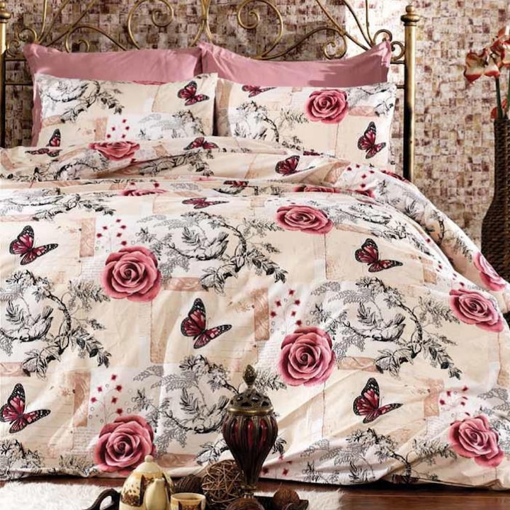 Спален комплект, Памук Ранфорс, Модел Розови пеперуди и рози, 50X70, 200X200