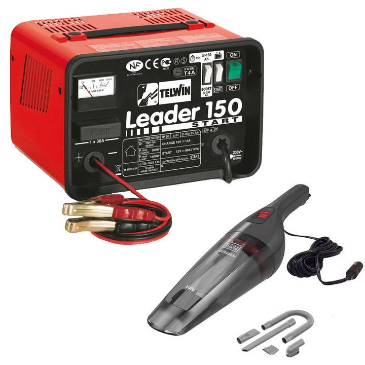 Set Incarcator baterii / Robot pornire Telwin Leader 150Start, 12V, Incarcare 20A, Pornire 140A + Aspirator auto Black & Decker, NVB12AVA-XJ