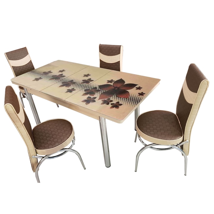 Set Masa extensibila cu 6 scaune pentru bucatarie Star Modella, bej/maro, 170x80x70 cm, blat sticla securizata, scaune piele eco