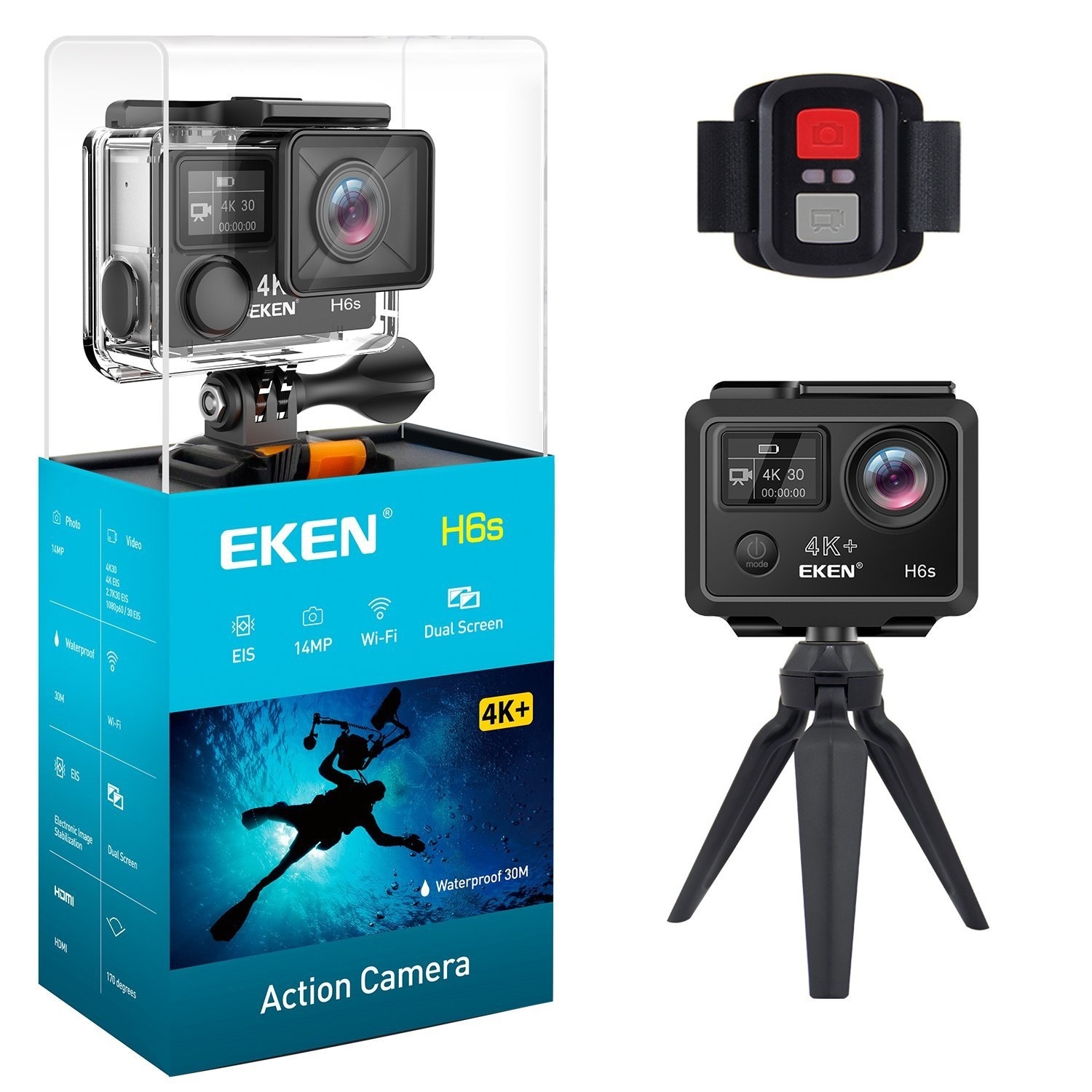 heaven Quilt Full Camera Video Sport Eken H6S+ 4k+ 14MP UHD @30fps, cu EIS Wifi, 2"LCD dual  dispaly, telecomanda, accesorii, carcasa waterproof 100 feet, negru -  eMAG.ro