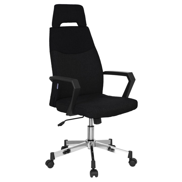QMOBILI FOCUS HI Fekete ügyvezető szék, szövet, fejtámla, rögzített karfa, króm csillagláb, TILT mechanizmus