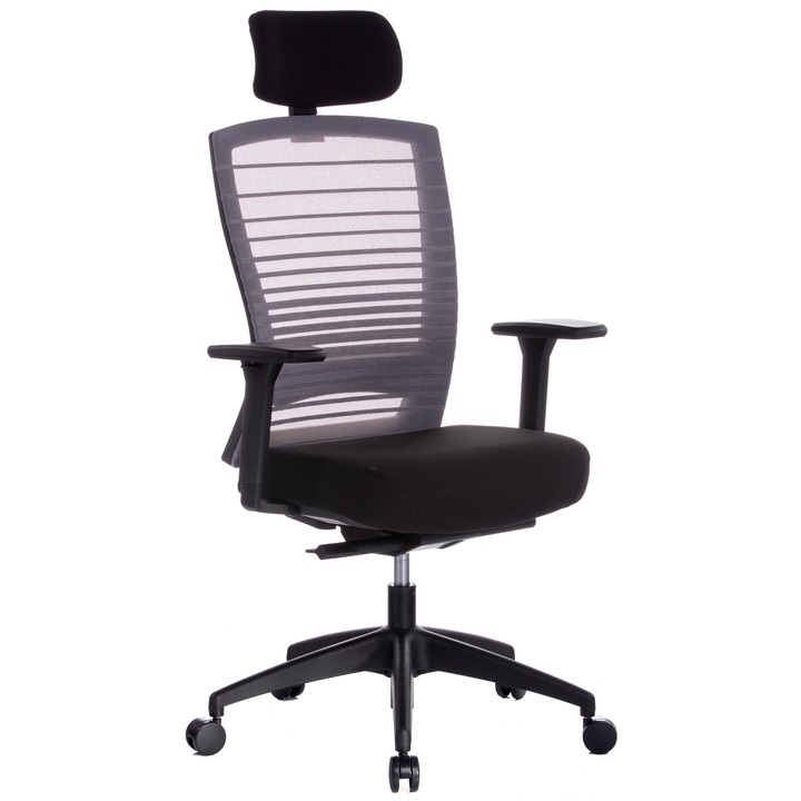 QMOBILI MUNIZ HI Szürke ergonomikus szék, szövet ülőlap, mesh háttámla, fejtámla 2D, szinkron mechanika, állítható deréktámasz, karfa 3D, PP csillagláb