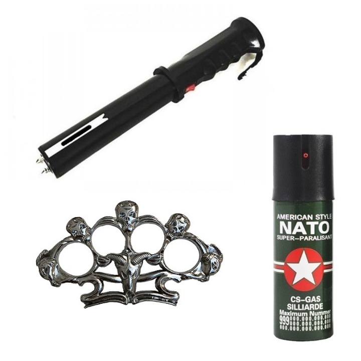 Set BTG-188 (3in1 Baston Electrosoc , Lanterna , Alarma ) +1 Spray Paralizant + 1 Box Argintiu Model