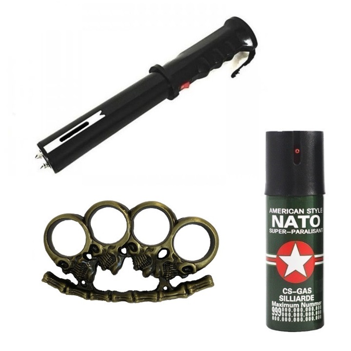 Set BTG-189 (3in1 Baston Electrosoc , Lanterna , Alarma ) +1 Spray Paralizant + 1 Box Bronz Model