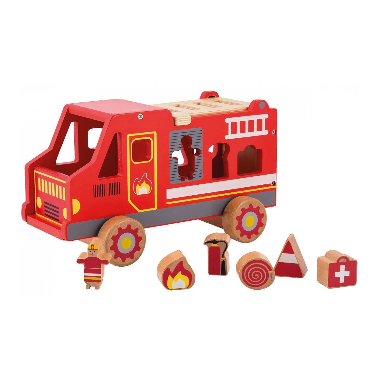 Jucarie din lemn, Jouéco, Sortator de forme, Masina de pompieri