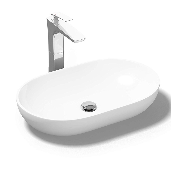 Lavoar EGO-808, compozit marmura, culoare Alb lucios, montaj pe blat, 54x34 cm