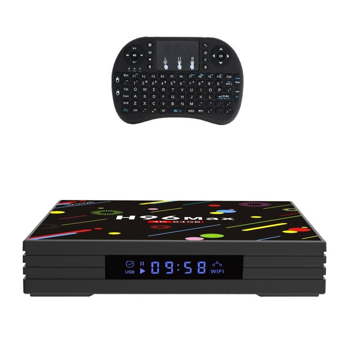 Мултимедиен плеър Mini PC TV Box, H96 Max H2, 4K, Quad-Core, 4 GB RAM, 64 GB, WiFi dual band 2.4/5 GHz, Bluetooth, USB 3, HDMI, Android 7.1, 7-цветна мини безжична клавиатура с подсветка, Приложения за телевизия, Popcorn Time