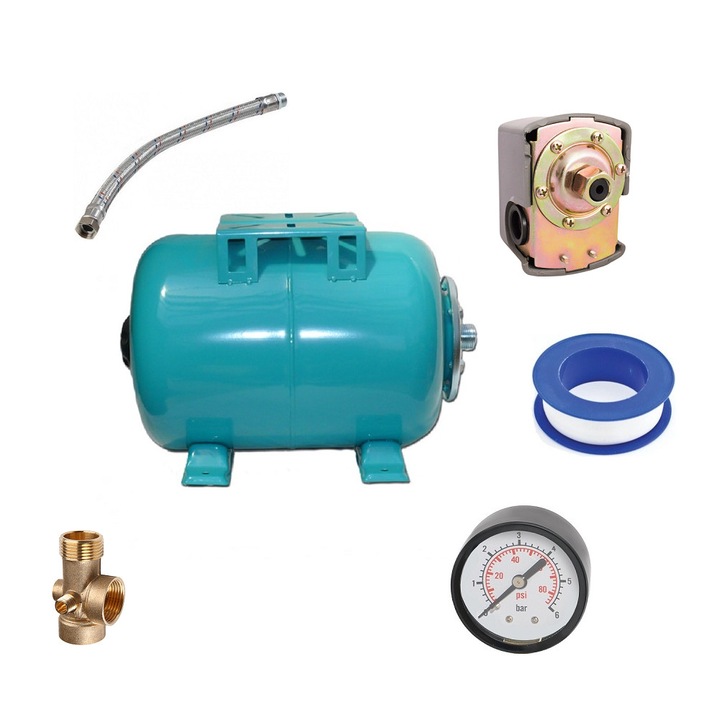 Комплект за сглобяване на хидрофорна помпа резервоар OMNIGENA, пресостат с гайка, манометър, маркуч 50 см, 5-пътен фитинг, тефлонова лента