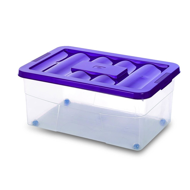 Cutie depozitare transparenta cu roti, cu capac color - Gensini, set 4 buc., cm 60 x 40 x 25-h, 45 litri