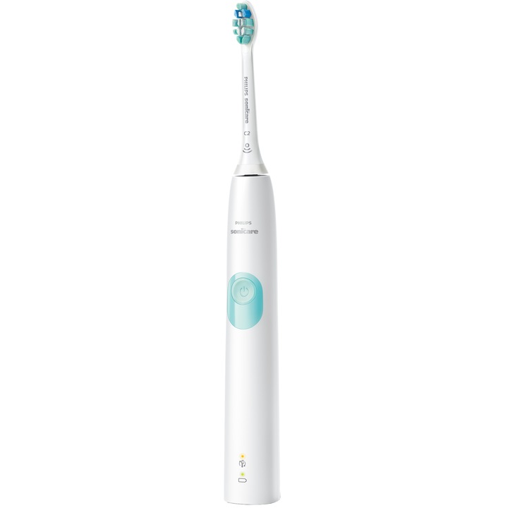 Periuta electrica sonica Philips Sonicare ProtectiveClean HX6807/04, 62000 miscari/minut, 1 mod de curatare, 2 intensitati, senzor presiune, functie BrushSync, 1 cap de periere, Alb/Verde