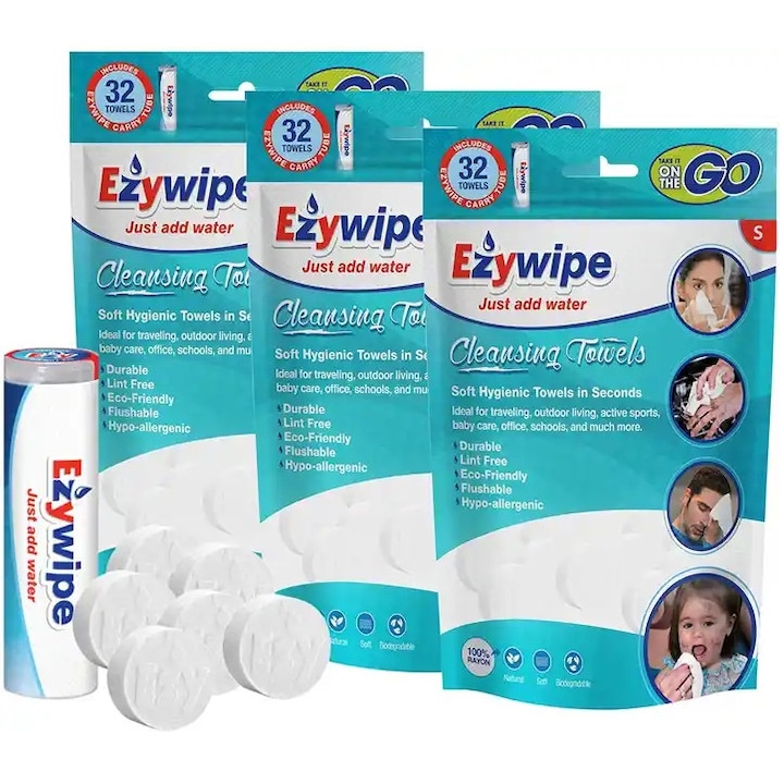 Servetele umede comprimate, fara chimicale pentru bebelusi si copii, EzyWipe, 3x32buc