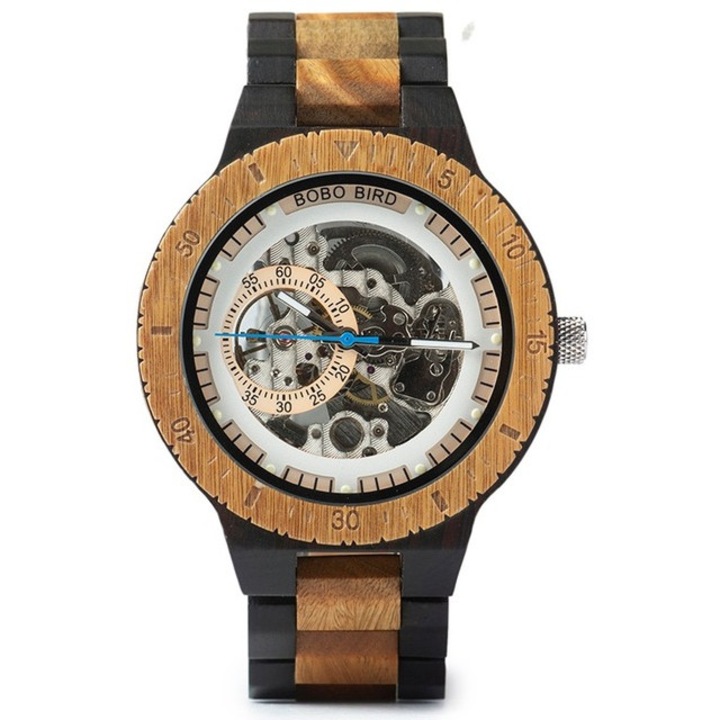 Механичен дървен часовник Bobo Bird, дървена каишка, R05-1