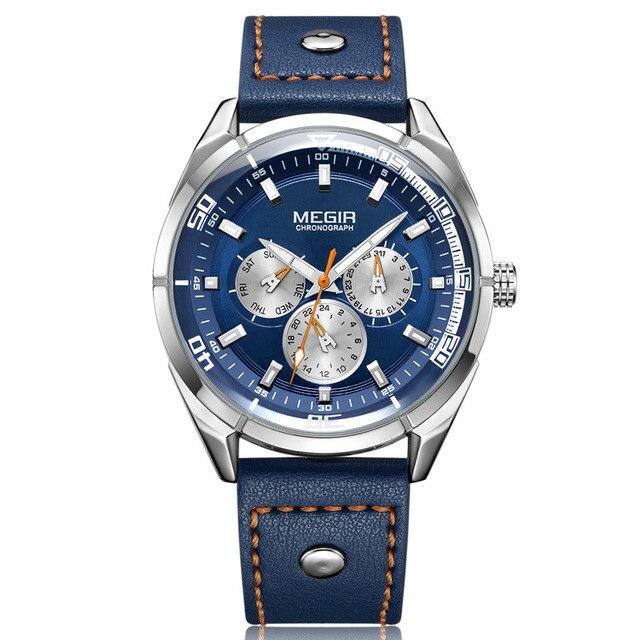 Ceas Megir, rezistent la apa 3Bar, mecanism Quartz, curea din piele albastra, afisaj analogic, calendar complet, stil Business + cutie cadou