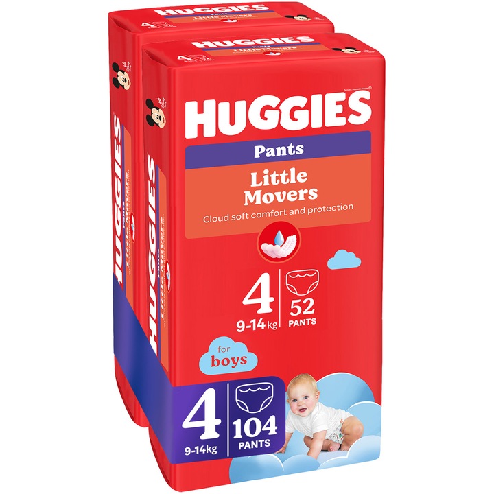 Пелени-гащички Huggies Little Movers 4, Boy, 9-14 кг, 104 броя