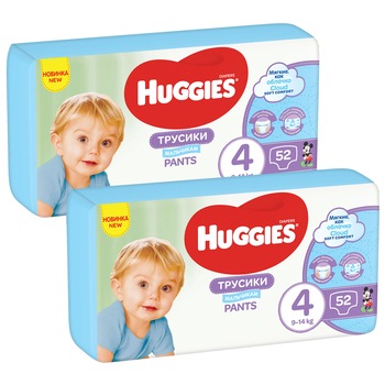 Pachet 2 x Scutece chilotel Huggies Pants Mega Pack 4, 2x52 buc, Boy, 9-14 kg, 104 buc Pachet 2 x Scutece chilotel Huggies Pants Mega Pack 4, 2x52 buc, Boy, 9-14 kg, 104 buc