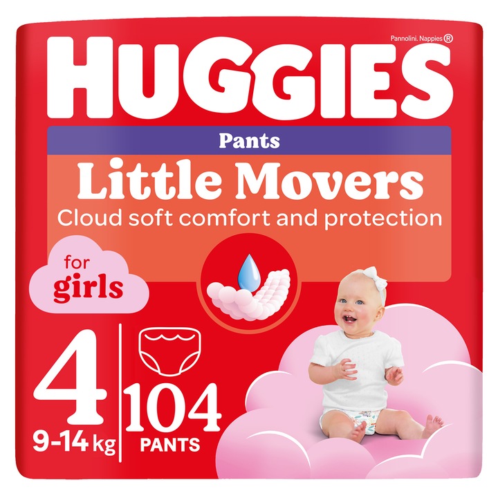 Пелени-гащички Huggies Little Movers 4, Girl, 9-14 кг, 104 броя