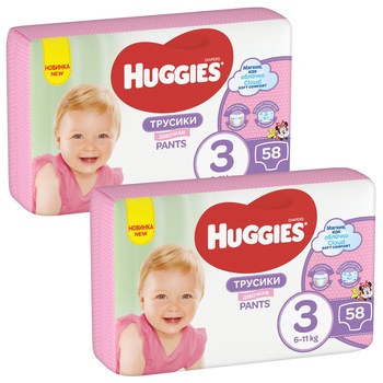 Pachet 2 x Scutece chilotel Huggies Pants Mega Pack 3, 2x58 buc, Girl, 6-11 kg, 116 buc Pachet 2 x Scutece chilotel Huggies Pants Mega Pack 3, 2x58 buc, Girl, 6-11 kg, 116 buc