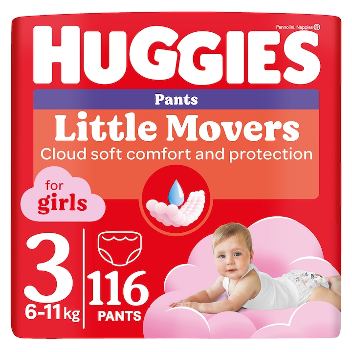 Пелени-гащички Huggies Little Movers 3, Girl, 6-11 кг, 116 броя