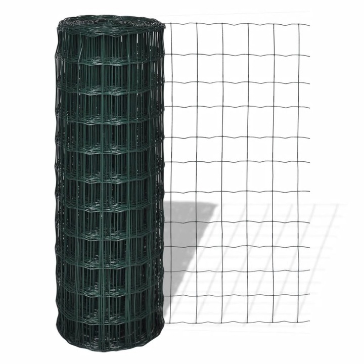 Стоманена мрежа за ограда vidaXL, 10 х 1,0 м с мрежа 76 х 63 мм, зелена