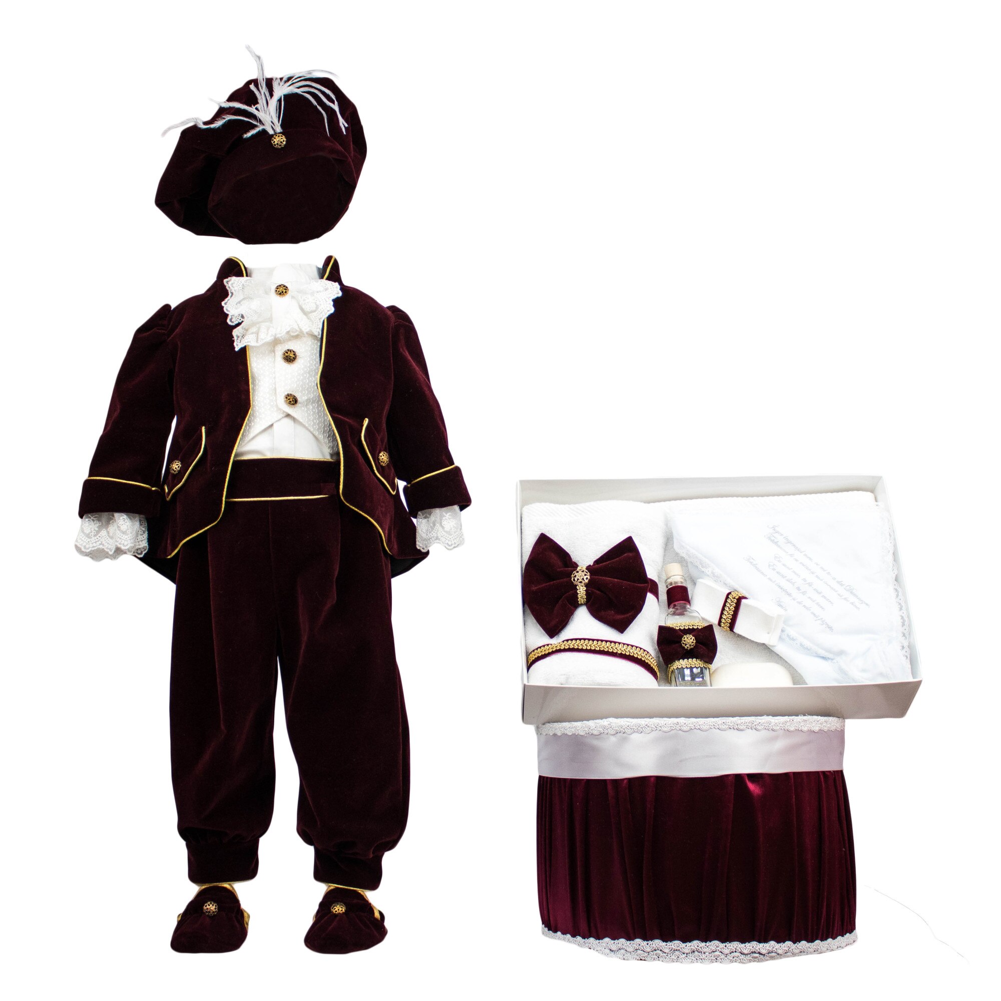 Set botez Regal din catifea grena, trei piese, varsta 6-9 luni