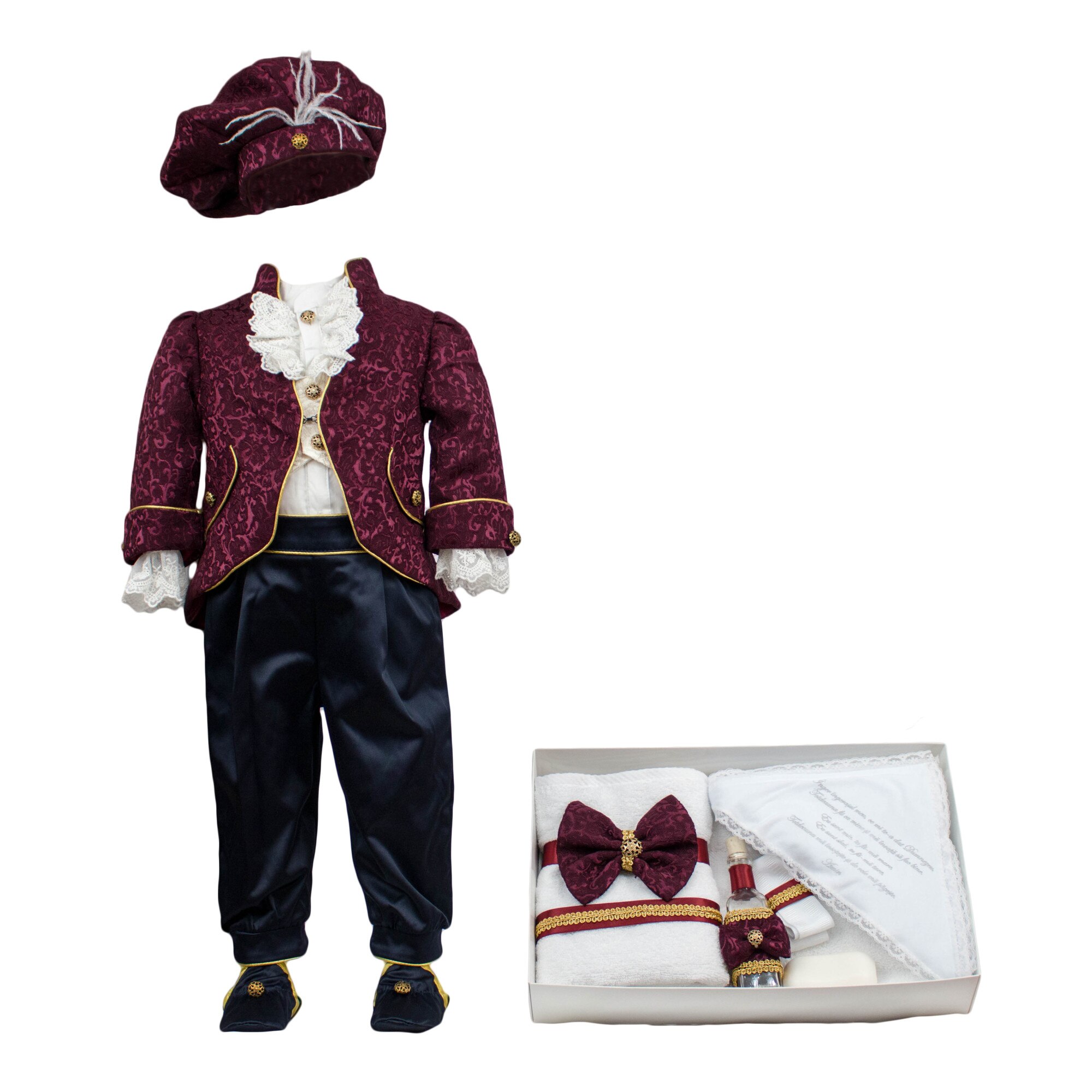 Set botez Regal din brocart, doua piese visinii, varsta 6-9 luni