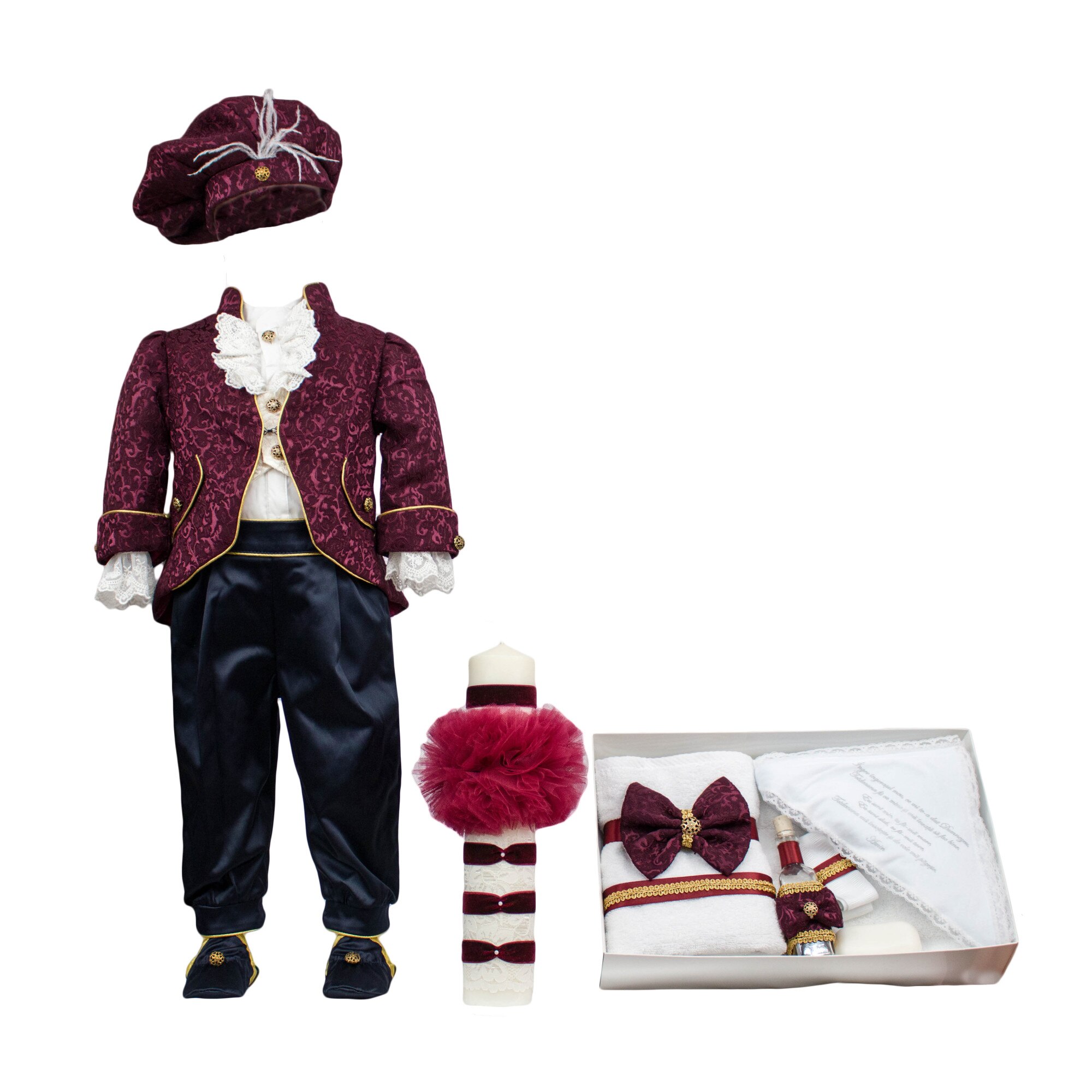 Set botez Regal din brocart, trei piese visinii, varsta 6-9 luni