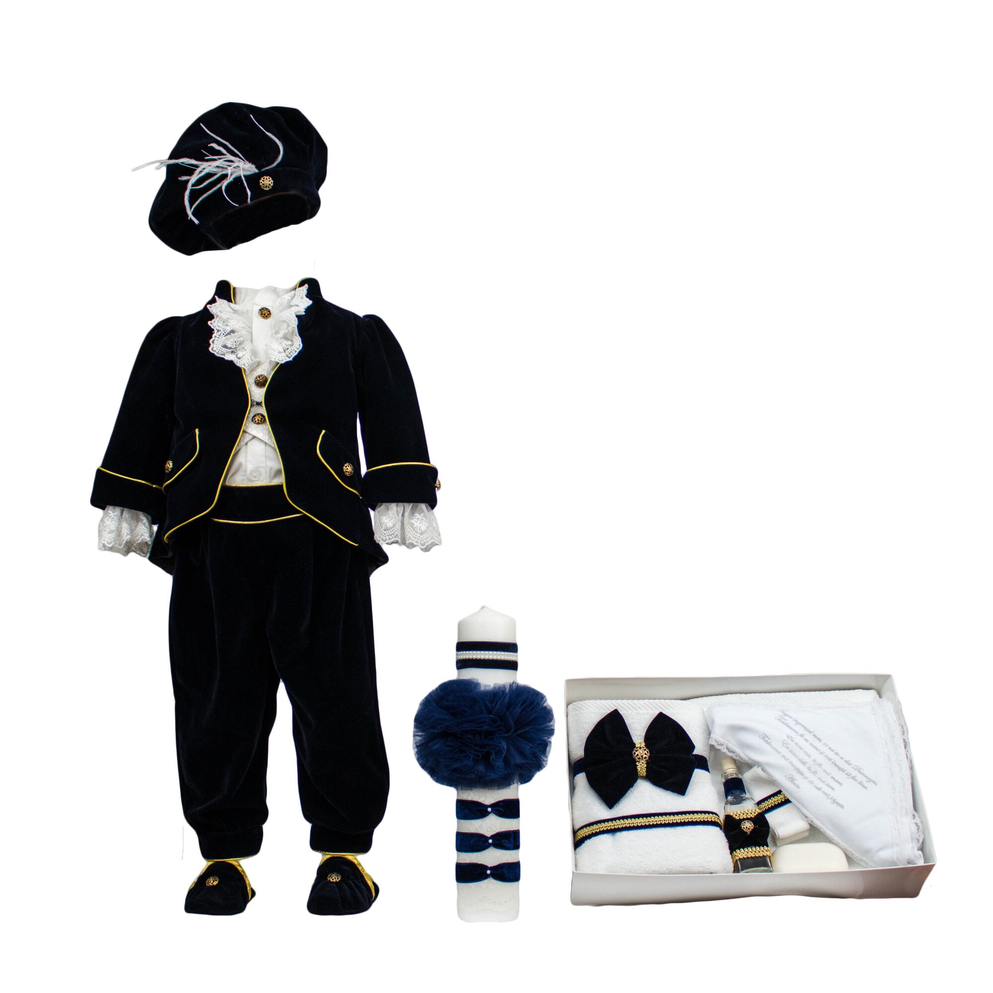 Set botez Regal din catifea bleumarin, trei piese, varsta 0-3 luni