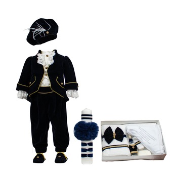 Set botez Regal din catifea bleumarin, trei piese, varsta 3-6 luni Set botez Regal din catifea bleumarin, trei piese, varsta 3-6 luni
